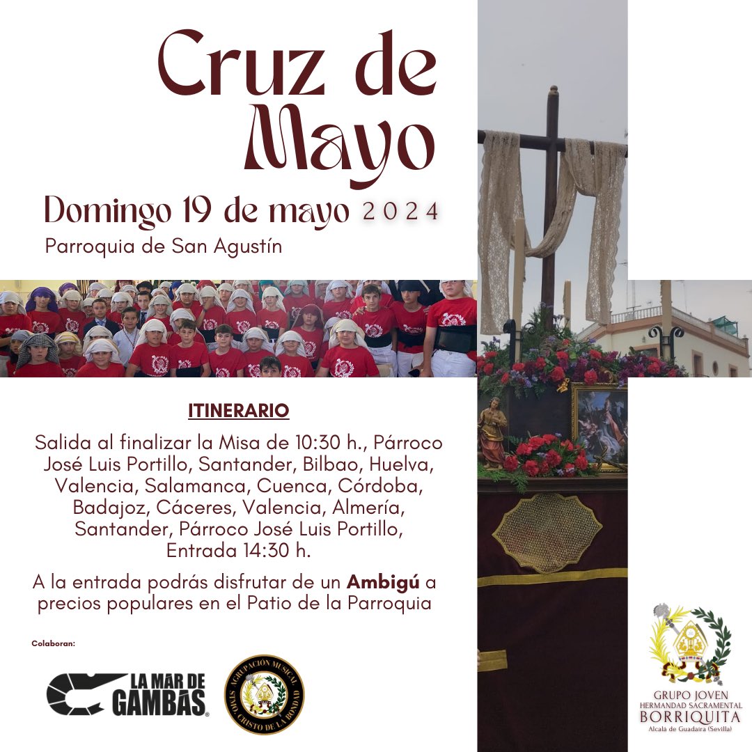 🔴 SALIDA CRUZ DE MAYO El domingo 19 de mayo tendrá lugar la Salida Procesional de la Cruz de Mayo que organiza nuestro Grupo Joven. Al término de la Misa de las 10:30 h. saldrá el paso procesional discurriendo las distintas calles de la feligresía. Acompañará la @AMBondad.