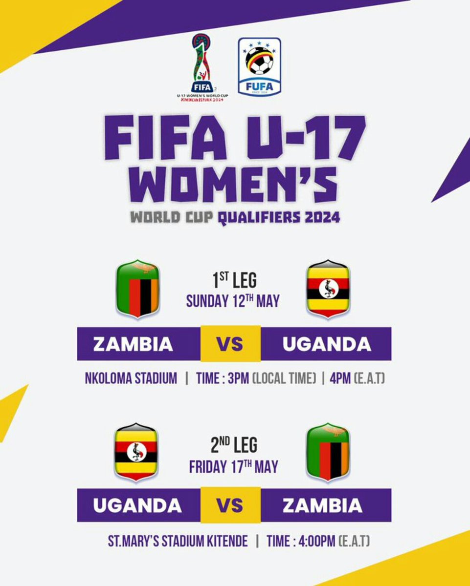 Uganda U17 Women’s football National team will play Zambia at the 3rd round of the qualifiers. The winner on aggregate will have to face either Algeria or Morocco at the final qualification of the FIFA U17 Women's World Cup

#USFN | #WomenFootball
