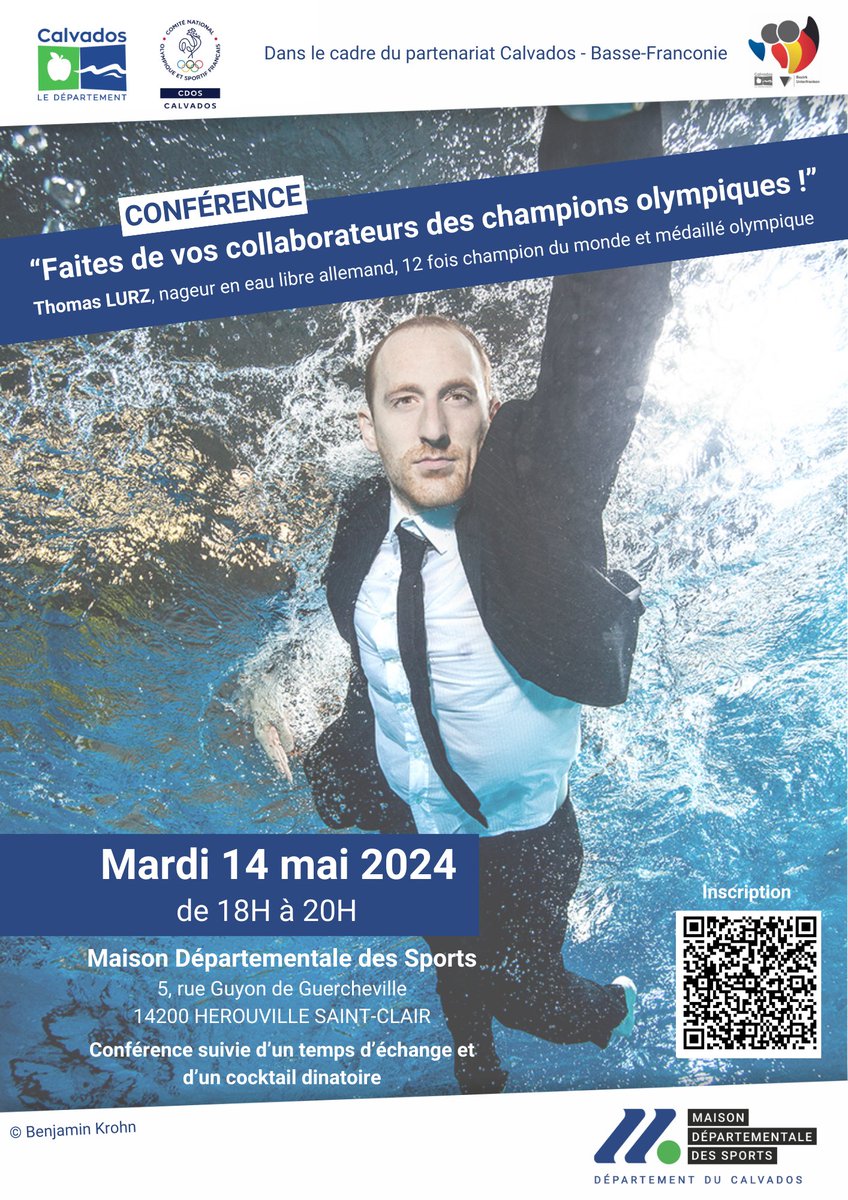 📢Conférence : faites de vos collaborateurs des champions olympiques ! en présence de @thlurz , nageur allemand médaillé olympique🥈🥉 🗓️Mardi 14 mai 2024 à partir de 18h. 👉calvados.fr/contents/opena… #Paris2024 #Calvados #Management I @CDOS_Calvados I