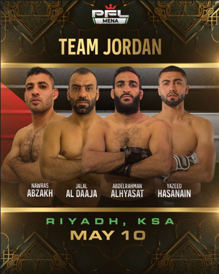 Meet the formidable titans representing Jordan 🇯🇴 at #PFLMENA.

Get set to experience the sheer skill and relentless drive of Abdelrahman Alhyasat, Nawras Abzakh, Jalaal Al Daaja, and Yazeed Hasanain on May 10th.

May 10 | Riyadh, KSA | Book your tickets now via…