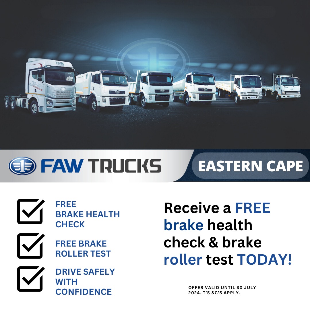 Ensure your safety on the road with a free brake health check and brake roller test at FAW Trucks Eastern Cape! 🚛

Book your appointment today & stay safe with us.

☎ 087 158 5439

📩 service@fawtrucks.co.za

Terms and conditions apply.

#FAWTrucks #FAWTrucksEasternCape