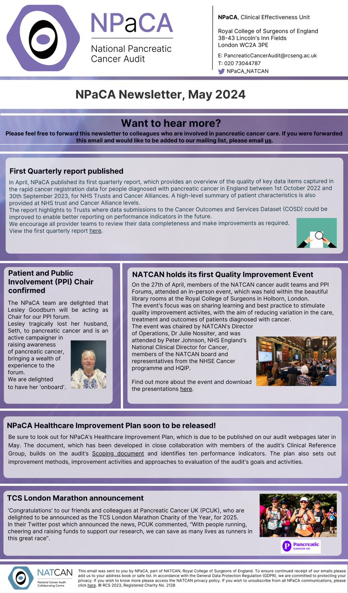 National Pancreatic Cancer Audit (NPaCA) (@npaca_natcan) on Twitter photo Check out all the latest updates from the NPaCA team 🔎📰👀bit.ly/4dvBjW1
<a href="/NATCAN_news/">National Cancer Audit Collaborating Centre</a> <a href="/HQIP/">Healthcare Quality Improvement Partnership</a> <a href="/NHSuk/">NHS</a> <a href="/PancreaticCanUK/">Pancreatic Cancer UK</a> <a href="/PanCAN/">PanCAN</a> <a href="/OfficialPCA/">Pancreatic Cancer Action</a> <a href="/lgoodbu/">Lesley Goodburn</a> <a href="/NHpbNG/">National HPB Nurse Group</a> <a href="/letswinpc/">Let's Win Pancreatic Cancer 💜</a> <a href="/Augishealth/">AUGIS</a> <a href="/BritSocGastro/">BSG</a> <a href="/ganeshradhakr12/">ganesh radhakrishna</a> <a href="/minhaepark5/">Min Hae Park</a> <a href="/amsmithleeds/">Andy Smith</a> <a href="/JillStoddart/">Jill Stoddart</a> <a href="/CR_UK/">Cancer Research UK</a> <a href="/HealthFdn/">The Health Foundation</a> Check out all the latest updates from the NPaCA team 🔎📰👀bit.ly/4dvBjW1
<a href="/NATCAN_news/">National Cancer Audit Collaborating Centre</a> <a href="/HQIP/">Healthcare Quality Improvement Partnership</a> <a href="/NHSuk/">NHS</a> <a href="/PancreaticCanUK/">Pancreatic Cancer UK</a> <a href="/PanCAN/">PanCAN</a> <a href="/OfficialPCA/">Pancreatic Cancer Action</a> <a href="/lgoodbu/">Lesley Goodburn</a> <a href="/NHpbNG/">National HPB Nurse Group</a> <a href="/letswinpc/">Let's Win Pancreatic Cancer 💜</a> <a href="/Augishealth/">AUGIS</a> <a href="/BritSocGastro/">BSG</a> <a href="/ganeshradhakr12/">ganesh radhakrishna</a> <a href="/minhaepark5/">Min Hae Park</a> <a href="/amsmithleeds/">Andy Smith</a> <a href="/JillStoddart/">Jill Stoddart</a> <a href="/CR_UK/">Cancer Research UK</a> <a href="/HealthFdn/">The Health Foundation</a>
