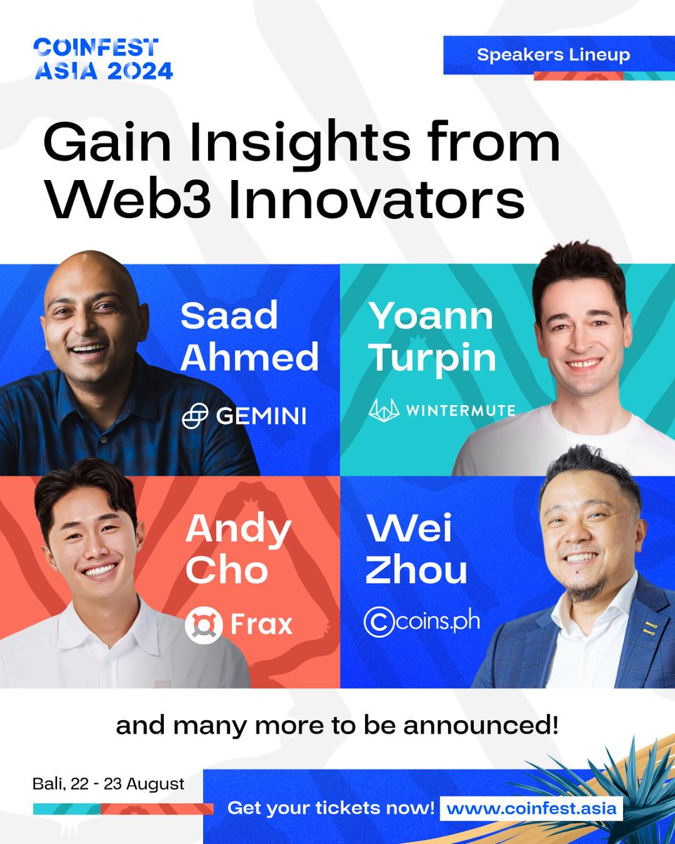 Revealing our newest lineup of influential speakers! Connect directly with industry innovators to exchange insights and ideas. Saad Ahmed from @Gemini Yoann Turpin (@YoannTurpin1) from @wintermute_t Andy Cho (@ETHuncho) from @fraxfinance Wei Zhou (@thedaoofwei) from…