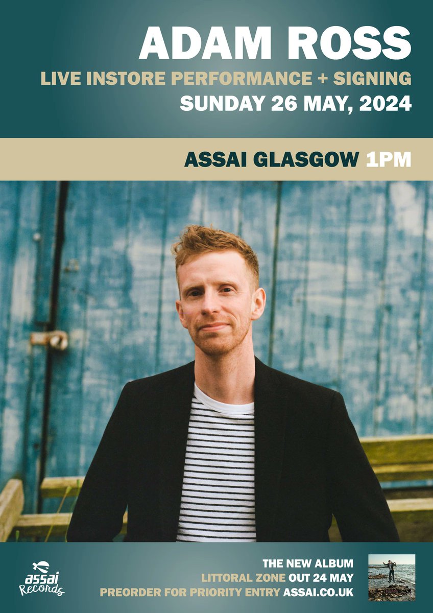 .@assai_glasgow are delighted to welcome Adam Ross for a solo acoustic instore performance and signing in support of his album Littoral Zone on Sunday 26th May! 𝗙𝗶𝗻𝗱 𝗼𝘂𝘁 𝗺𝗼𝗿𝗲: tinyurl.com/4cvwcdpj