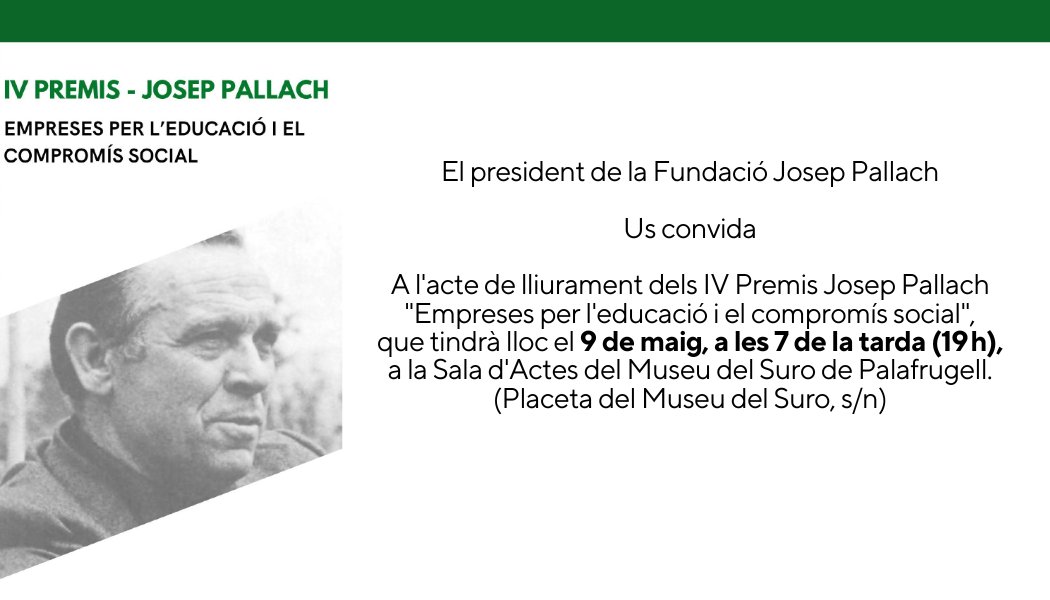 El proper dijous, 9 de maig, la @fundaciopallach farà entrega dels Premis Josep Pallach “Empreses per l’Educació i el Compromís Social” a Cafès Cornellà i a Zoetis. El lliurament es farà en un acte obert a tothom, a les 7 de la tarda al Museu del Suro.