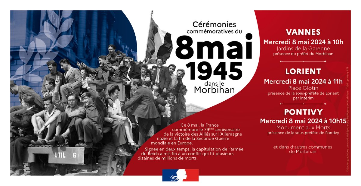 #8mai | 🇫🇷 Des cérémonies commémoratives de la Victoire du 8 mai 1945 se dérouleront dans le #Morbihan demain, mercredi 8 mai 2024, à #Vannes, #Lorient et #Pontivy et dans d'autres communes du Morbihan. Le public est invité à s'y associer.