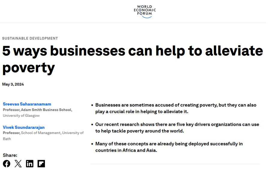 Sreevas Sahasranamam (@sreevass) on Twitter photo How businesses can help alleviate #poverty around the world❓🌍#sdgs
🗣Through a recent literature review of published research over 40 years, we examined this question - journals.sagepub.com/doi/10.1177/01…
Summary of 5 key mechanisms discussed in <a href="/wef/">World Economic Forum</a> blog - weforum.org/agenda/2024/05… How businesses can help alleviate #poverty around the world❓🌍#sdgs
🗣Through a recent literature review of published research over 40 years, we examined this question - journals.sagepub.com/doi/10.1177/01…
Summary of 5 key mechanisms discussed in <a href="/wef/">World Economic Forum</a> blog - weforum.org/agenda/2024/05…