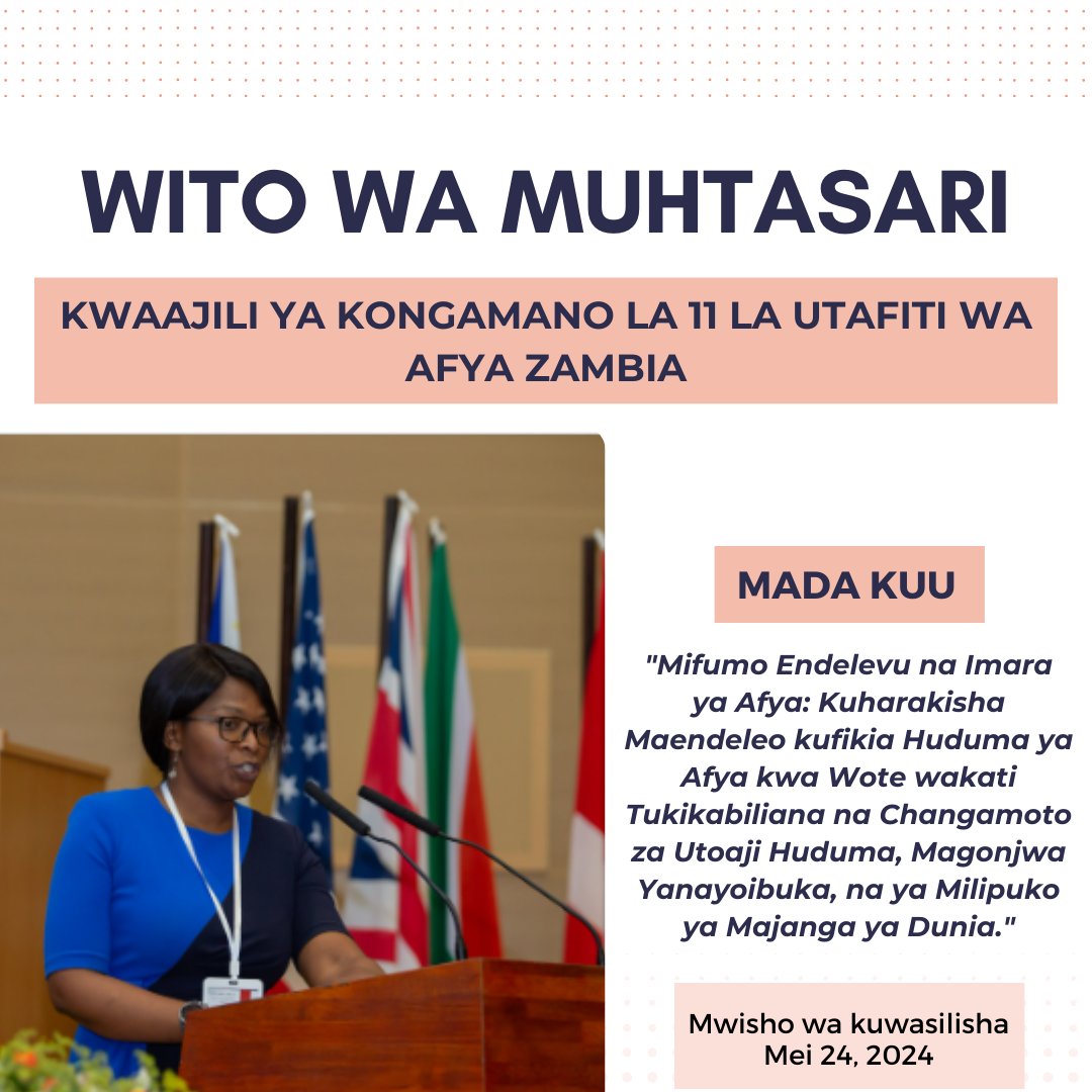The conference will take place from 15th to 17th October, 2024 at Mulungushi International Conference Center in Lusaka, Zambia. 👉 To read about the subthemes, submission details and other information click here zhrconference.nhra.org.zm/abstracts.