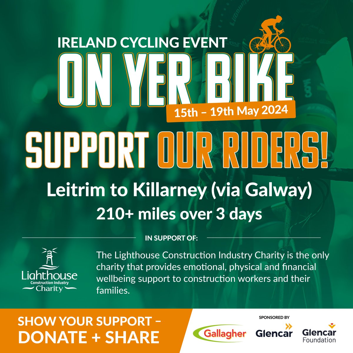 Join us in supporting our committed cyclists as they gear up to conquer 210 miles from Leitrim to Killarney in just three days raising money for @WeAreLHCharity  bit.ly/GallagherOYB

 #cyclechallenge #lighthouseclub #gallaghergroup #ExcellenceDelivered #charitycycle🚴