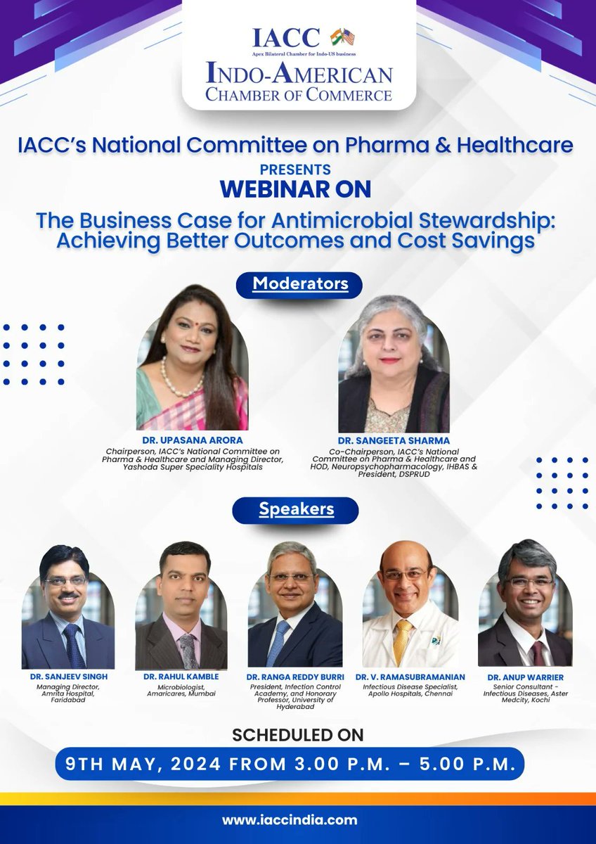 🚨 Webinar Alert! 🚨

Join me on May 9th from 3PM to 5PM as we delve into '#AntimicrobialStewardship' with #IACC's National Committee on #Pharma & #Healthcare. Expert insights, real-world applications, and strategies to save costs!

Join us at - us02web.zoom.us/webinar/regist…