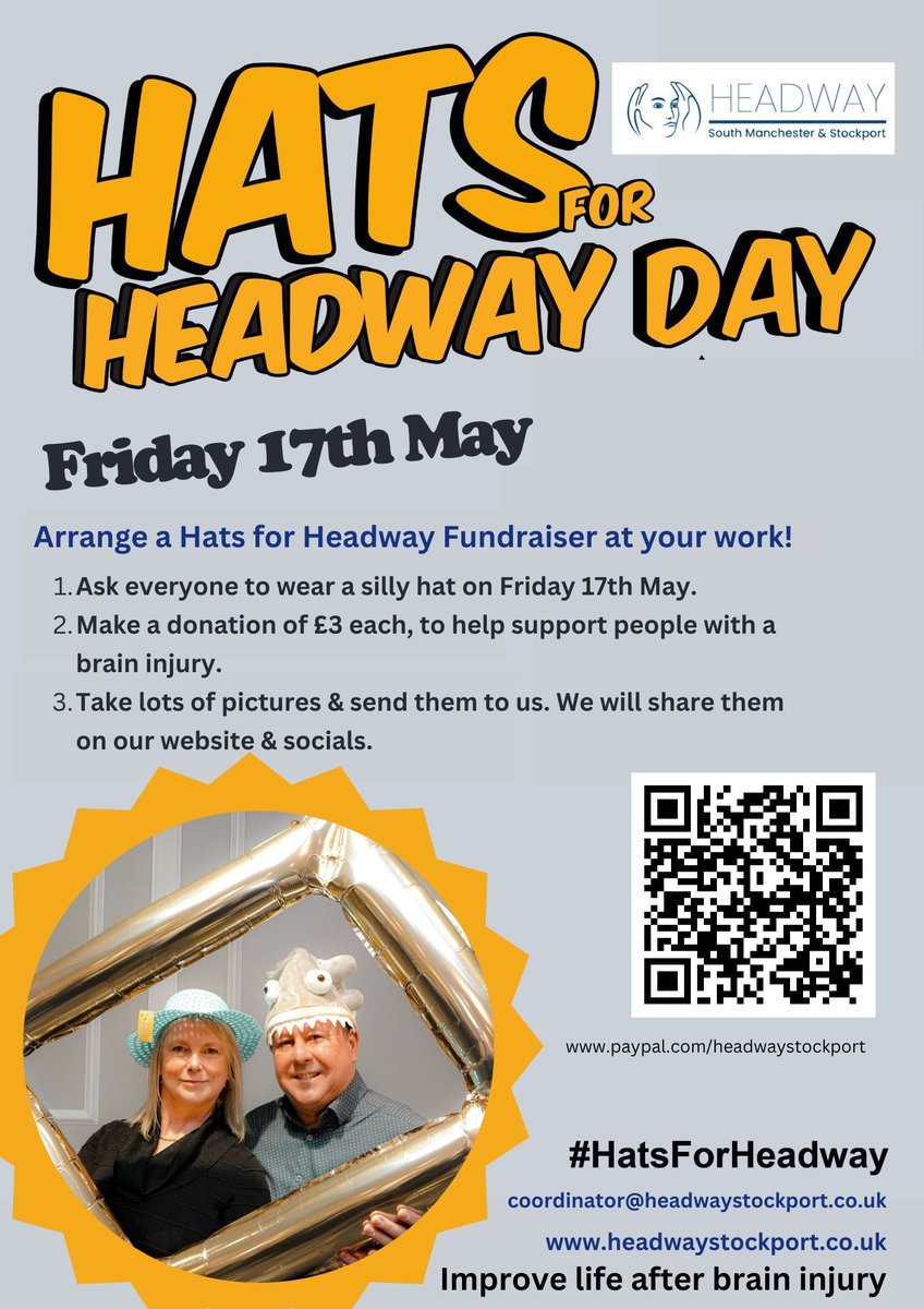 🎩 #HatsforHeadway Day is nearly here!
🎩 This 17th May - will you support us?
🎩 Wear a silly hat, donate & share your pics with us - SIMPLE
💙 DONATE: buff.ly/4a3lSme 

#braininjury #support #friendship #advice #fun #laughter #independence #skills