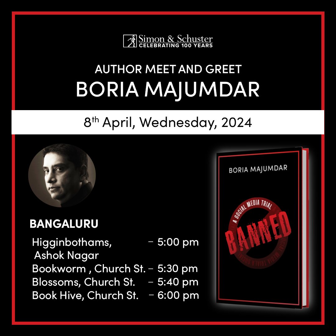 #MeetTheAuthor 

@BoriaMajumdar, the author of 'Banned: A Social Media Trial', will be visiting the above bookstores to sign his books on 8th May! Mark your calendar!

#TruthRevealed

@bookworm_Kris
@blossombookhous
@Bookhive_blr

#booksigning #corporatcomics #bookstorevisit…