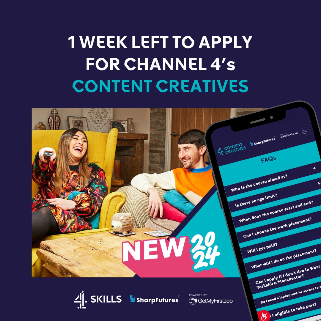 🚨 You have 1 WEEK left to apply for this year’s Content Creatives scheme! 🚨 ⏰ That's still plenty of time to complete your application - so don’t miss out on this amazing opportunity! 🎥🎙🤳 👉 Learn more and apply now: bit.ly/3y3Gpss @SharpFutures @GetMyFirstJob