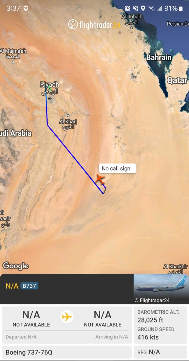Texel Air B737-76Q A9C-FLX #894096 as XLR331 departed 🇸🇦 Riyadh 0818 UTC & tracked south out of receiver range, now returning.
@Dinlas3