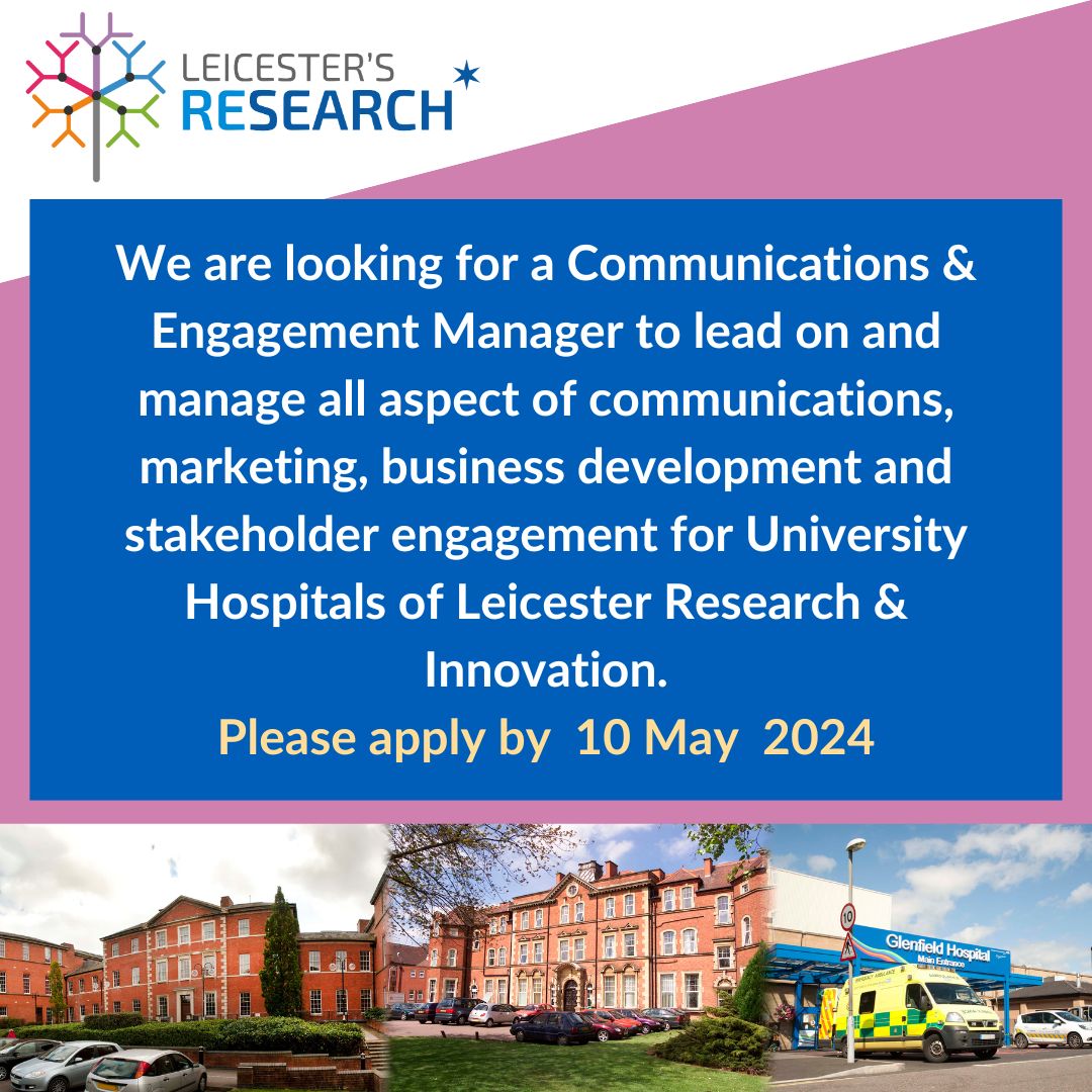We are looking for a Communications and Engagement Manager to lead on Research & Innovation here @Leic_hospital To find out more please follow this link 👉jobs.jobsatleicestershospitals.nhs.uk/#!/job/UK/Leic… @NHS_Jobs #NHSjobs
