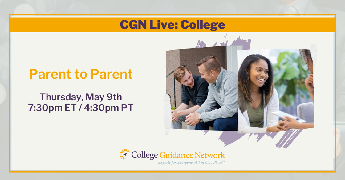 Join me this Thursday at 7:30 pm ET for a free, live 'Parent-to-Parent' webinar. A panel of parents of college students who have successfully navigated college admission will share what they learned in the journey and take questions! Register here: tinyurl.com/CGN24May9