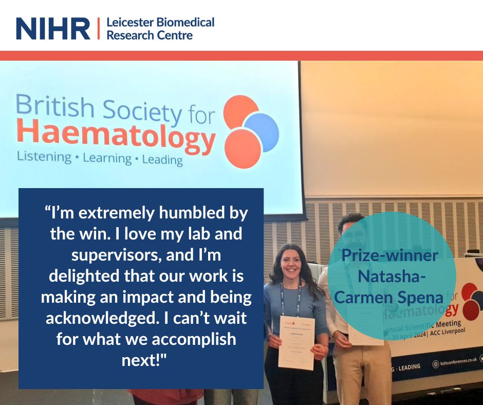 Congratulations 👏👏👏 to Natasha-Carmen Spena from the #NIHRLeicesterBRC Cancer Theme, who won a prize for her poster ‘In vitro Validation of Modular VHH-based Bi-specific Antibodies for Haemato-Oncology’ at the @young_eha conference recently! @EHA_Hematology
