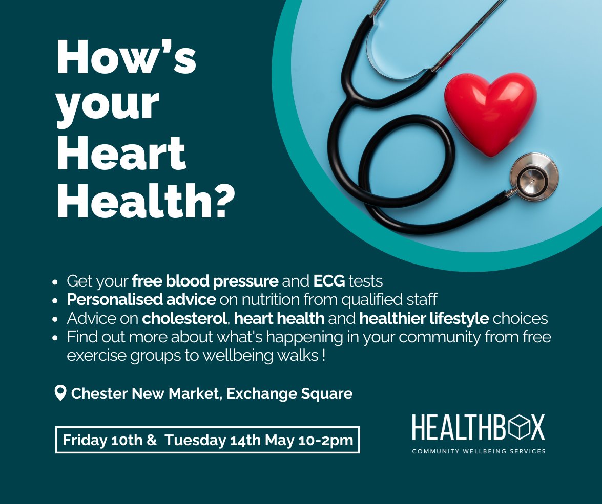 🫀How's your Heart Health? We'll be popping up in Chester📍this Friday 10th & next Tuesday 14th to talk all things cardiovascular health! 📍New Chester Market, Exchange Square ⏰10am - 2pm @cwvolaction @Chester_Cycling @macmillancancer @BrioLeisure @cwtogether2