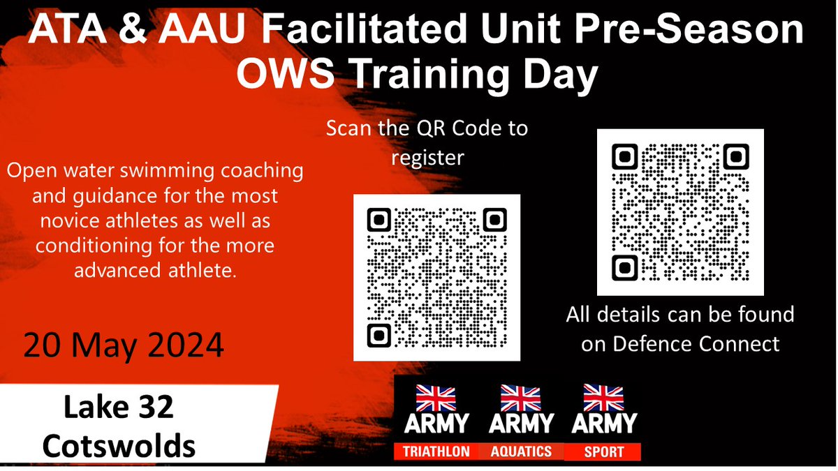 📣ATA &amp; AAU Facilitated Unit Pre-Season OWS Training 20 May 2024. All info can be found on Defence Connect:
jive.defencegateway.mod.uk/events/173628
Followed by ATA Super Sprint Triathlon 22 May 2024:
jive.defencegateway.mod.uk/events/168649
Look forward to seeing as many of you as possible!
<a href="/ArmySportASCB/">Army Sport</a>