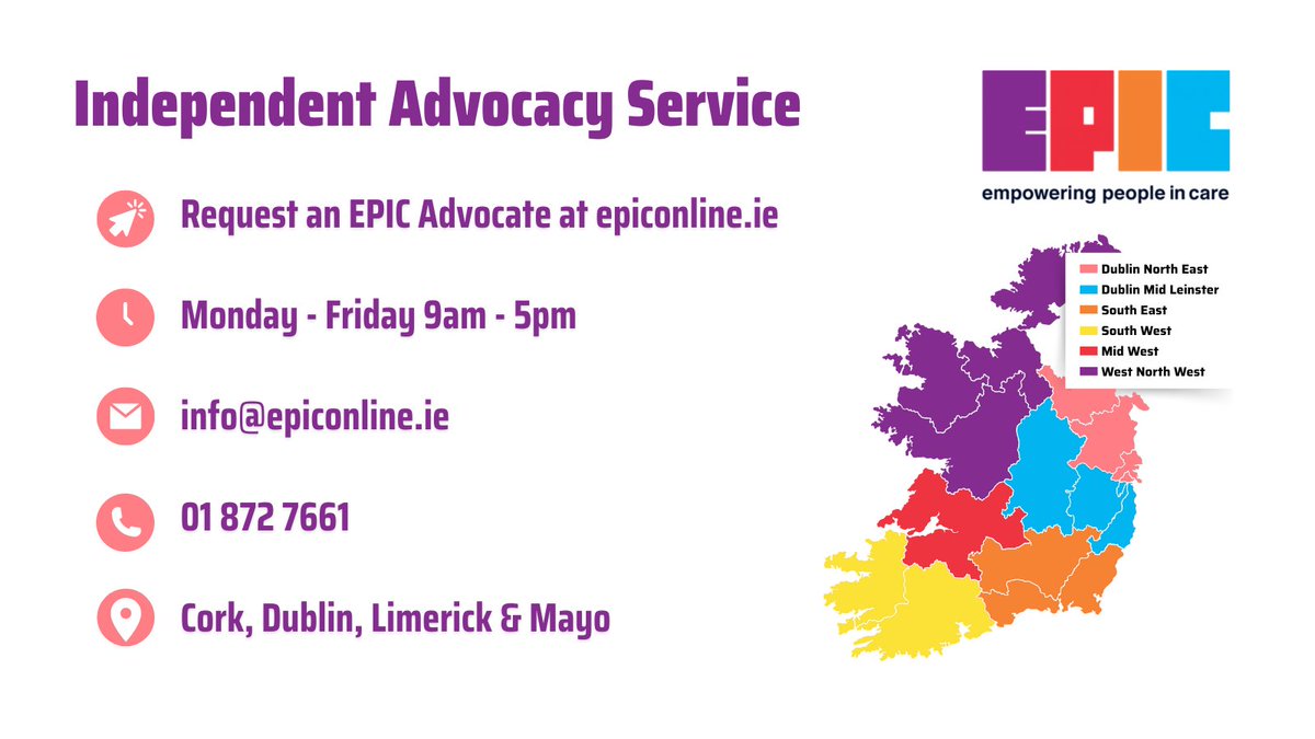 Our team of EPIC Advocates: Work across Ireland 🇮🇪 Offer independent support 🗣️ Provide information and advice 💬 Learn more: epiconline.ie/what-we-do/adv… #CareAware💜