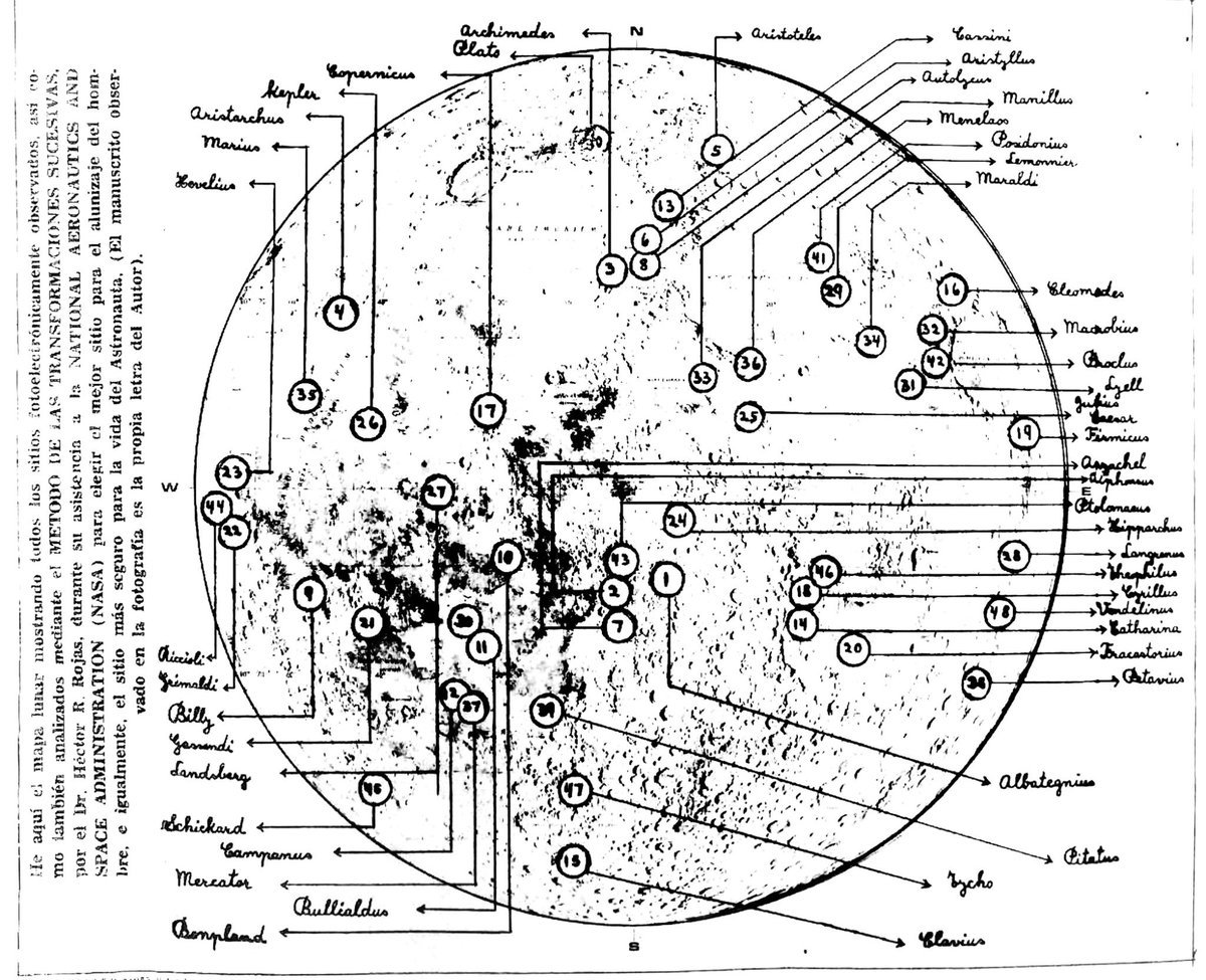 Mapa lunar hecho a mano por astrofísico y matemático venezolano Héctor Rojas para la NASA y lograr asi el alunizaje seguro en 1969 en el Mar de la Tranquilidad. Allí señala puntos analizados fotoelectrónicamente para definir coordenadas del alunizaje del Apolo 11. Misión exitosa