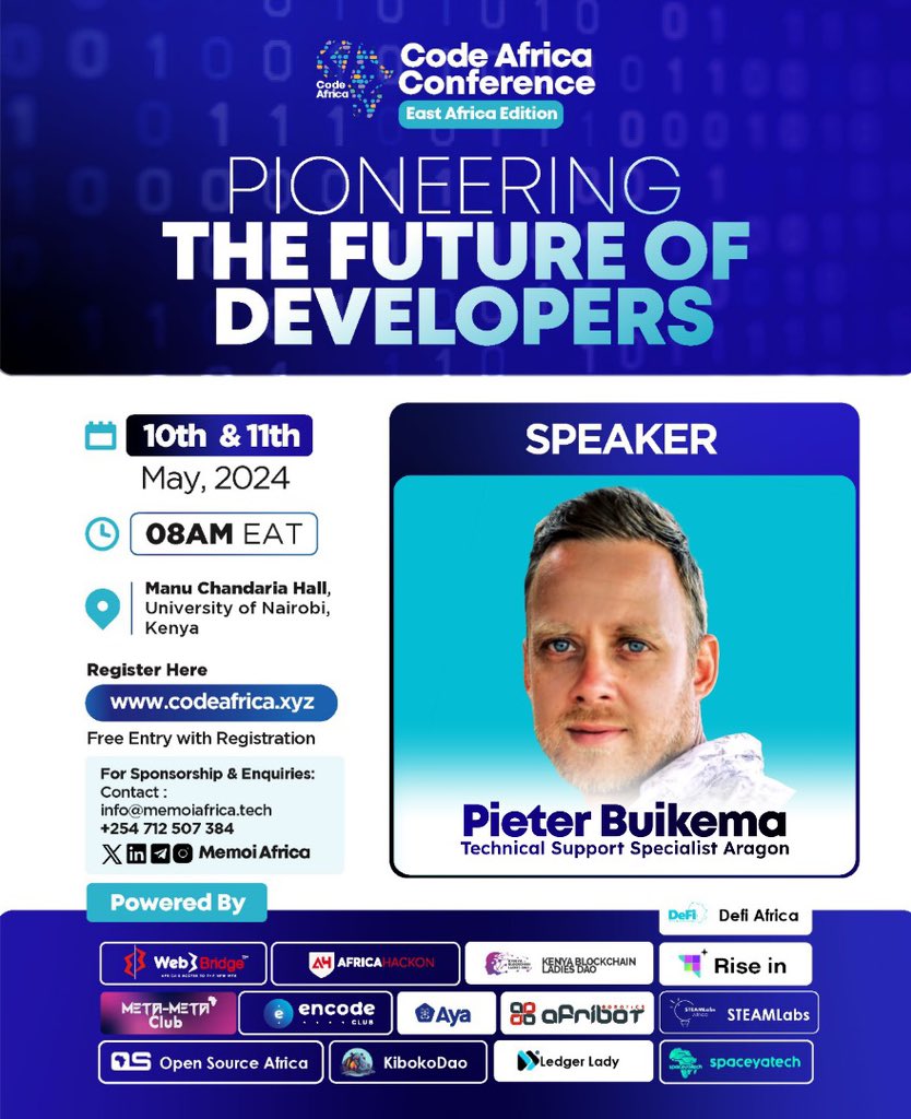 📣We are glad to announce another speaker for the Code Africa 2024✨ Pieter is a technical support specialist at @AragonProject , a DAO platform that helps launch your organisations onchain. Date: May 10-11th 2024 Location: University of Nairobi, Kenya Join using the link…
