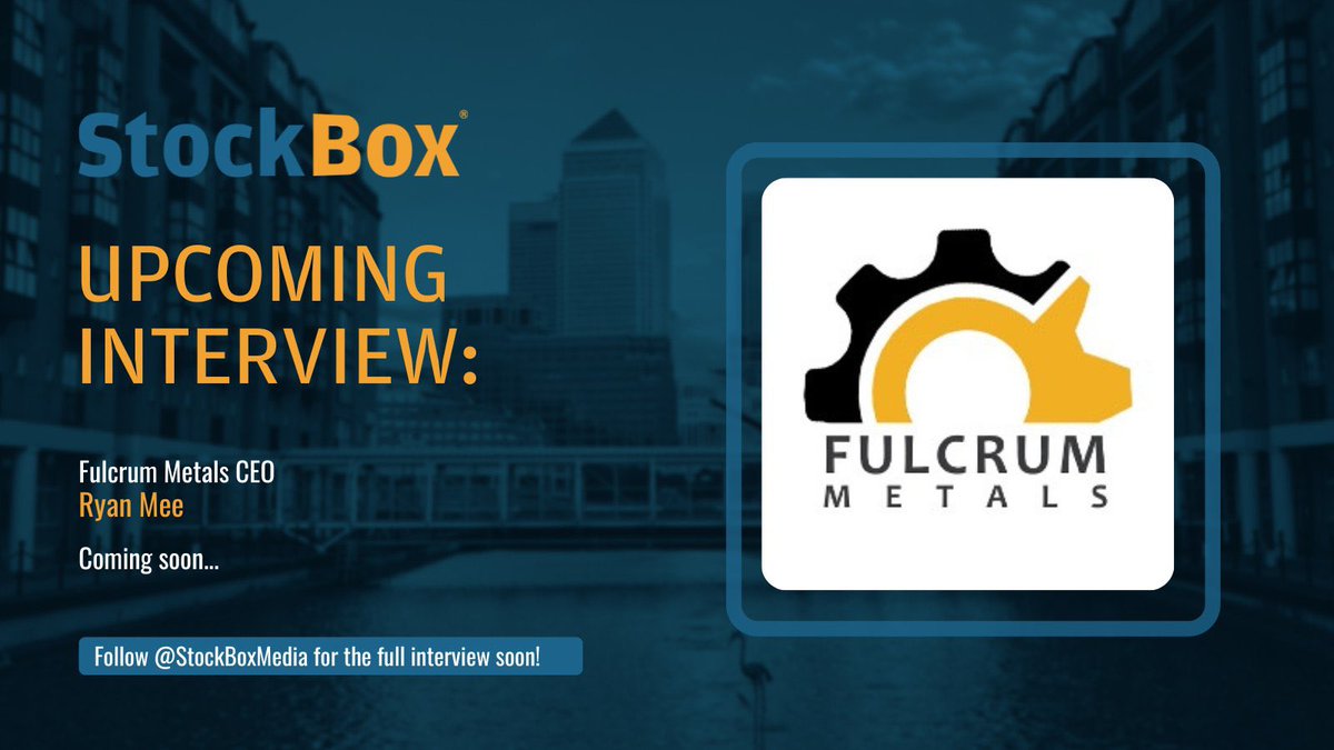 #StockBox #FMET Upcoming Interview @StockBoxMedia is speaking to @FulcrumMetals CEO @1ryanmee to discuss the Positive Initial Results from Phase 1 Tailings Programme at Teck-Hughes Follow @StockBoxMedia for the full interview soon!