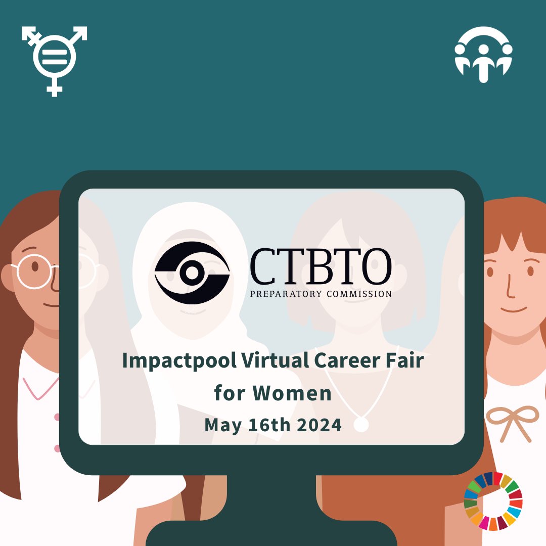 ⌛️Happening Today! Join #CTBTO at the @Impactpool Virtual Career Fair for Women! Learn about exciting careers opportunities & how you can join our mission to end nuclear testing! 🗓️Today, 16 May ⏰ 11:00 AM - 4:00 PM CET ✍️ ➡️ ctbto.info/4bk23Hb