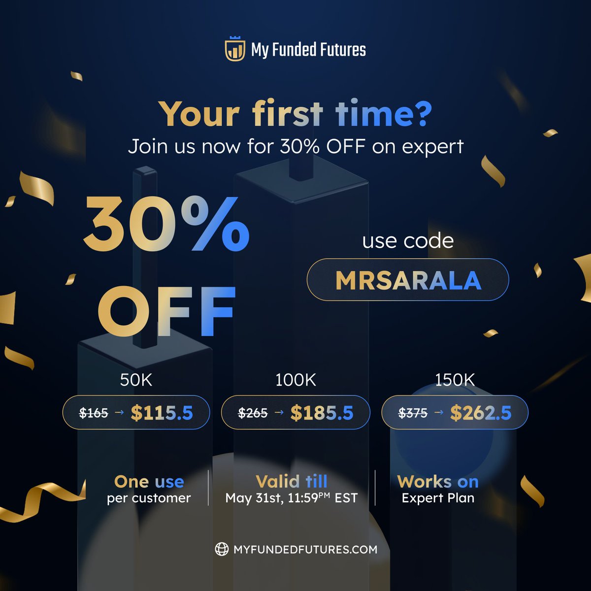 🌟 If you've been waiting to give MFFU a shot, now's your chance! 🎉 #MayMania brings 30% off all expert plans for NEW customers + NO activation fees ever on expert. The best plan in the industry just got better! 🚀 SIGN UP NOW: Use code 'MRSARALA' myfundedfutures.com/?ref=1545