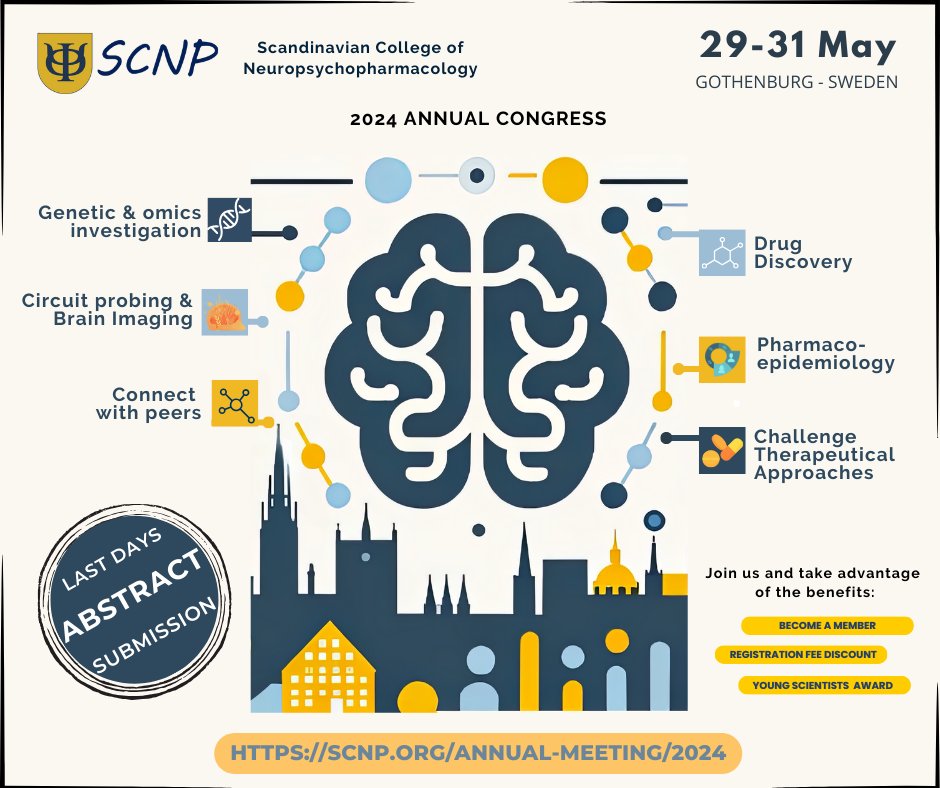 📢 Last Call for Abstracts! Don’t miss the opportunity to present your research at the Scandinavian College of Neuropsychopharmacology.

scnp.org/annual-meeting…

#SCNP #Neuropsychopharmacology #Research #Innovation #YoungInvestigators