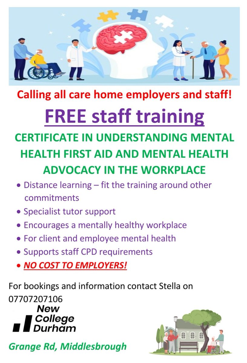 programme_start's tweet image. Funded short course in Middlesbrough.

⛑Mental Health First Aid and Advocacy in the Workplace

Increase your knowledge/understanding of mental health conditions and how you can help/support others .

Complete as distance learning,to fit around other commitments.
 
📱07707207106