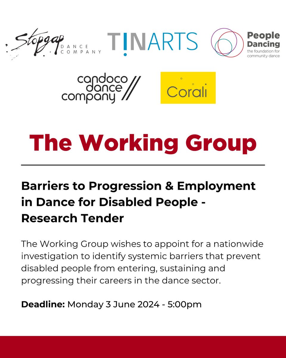 New Job alert! -Barriers to Progression & Employment in Dance for Disabled People-Research Tender The Working Group aims to appoint a researcher to identify systemic barriers that exist for disabled people working within the dance sector. More info: shorturl.at/enDGH