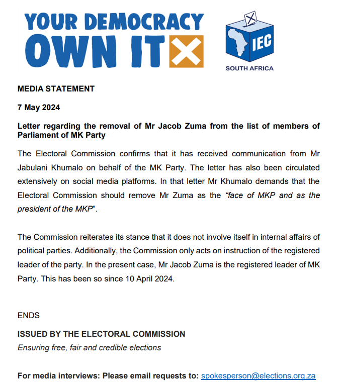 [MEDIA STATEMENT] Letter regarding the removal of Mr Jacob Zuma from the list of members of Parliament of MK Party The Electoral Commission confirms that it has received communication from Mr Jabulani Khumalo on behalf of the MK Party. The letter has also been circulated…