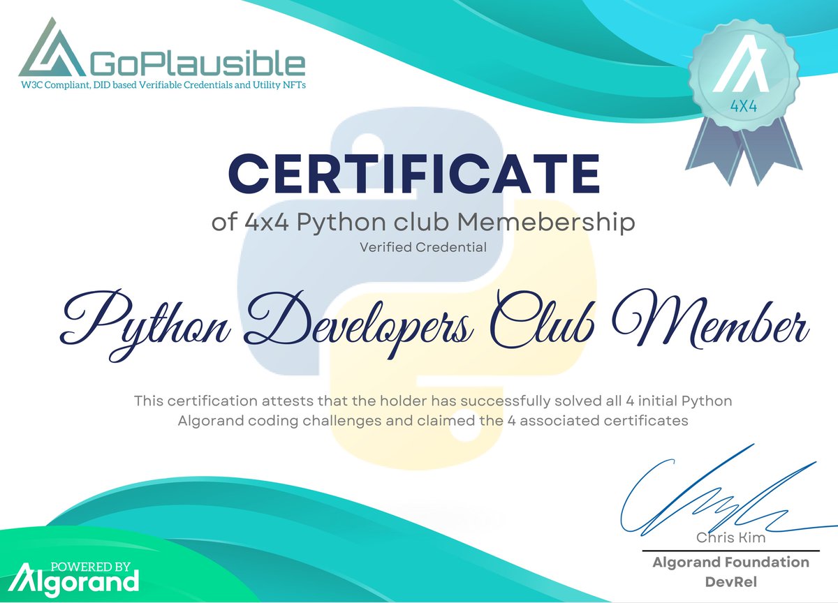 It is time for coronation #Algorand #algofam The 4x4 python developers club membership verifiable credential provided by @GoPlausible with an amazing NFT art from @MaarsComics and verifiable by wonderful @GoraNetwork is here! Happy coronation 4x4 club members and do not forget…