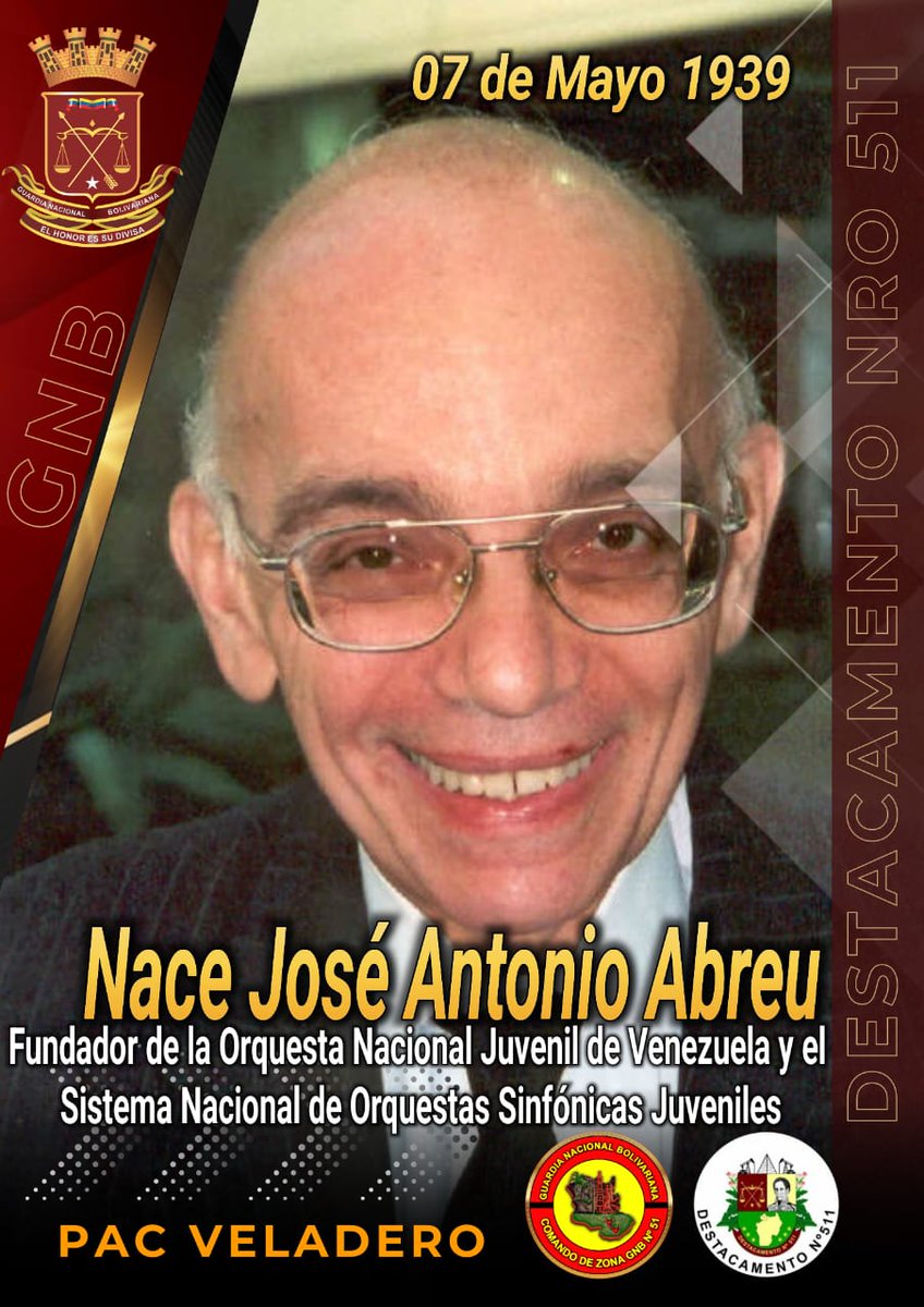 #07May José Antonio Abreu Anselmi,fue un músico, economista, político, activista y educador venezolano Fundó la Orquesta Nacional Juvenil de Venezuela y el Sistema Nacional de Orquestas Sinfónicas Juveniles, Infantiles y Pre-Infantiles de Venezuela.