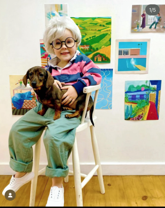 Pic of friend of friend's daughter at World Book Day as Hockney always cheers me up...