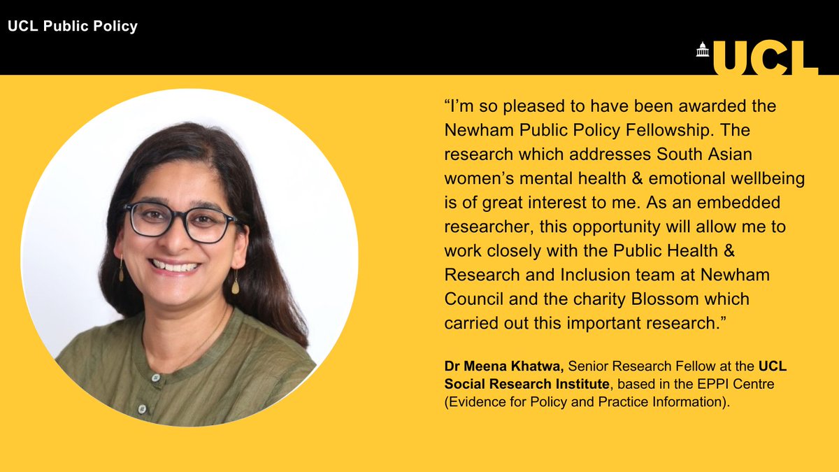 UCL Public Policy (@uclpublicpolicy) on Twitter photo We're delighted to have funded our newest policy fellow <a href="/DrMeenaKhatwa/">Dr Meena Khatwa</a> as part of UCL’s partnership with <a href="/NewhamLondon/">Newham London 💙</a>.
If you'd like to get involved & learn more about our fellowship programme, then please get in touch!
ucl.ac.uk/public-policy/… We're delighted to have funded our newest policy fellow <a href="/DrMeenaKhatwa/">Dr Meena Khatwa</a> as part of UCL’s partnership with <a href="/NewhamLondon/">Newham London 💙</a>.
If you'd like to get involved & learn more about our fellowship programme, then please get in touch!
ucl.ac.uk/public-policy/…