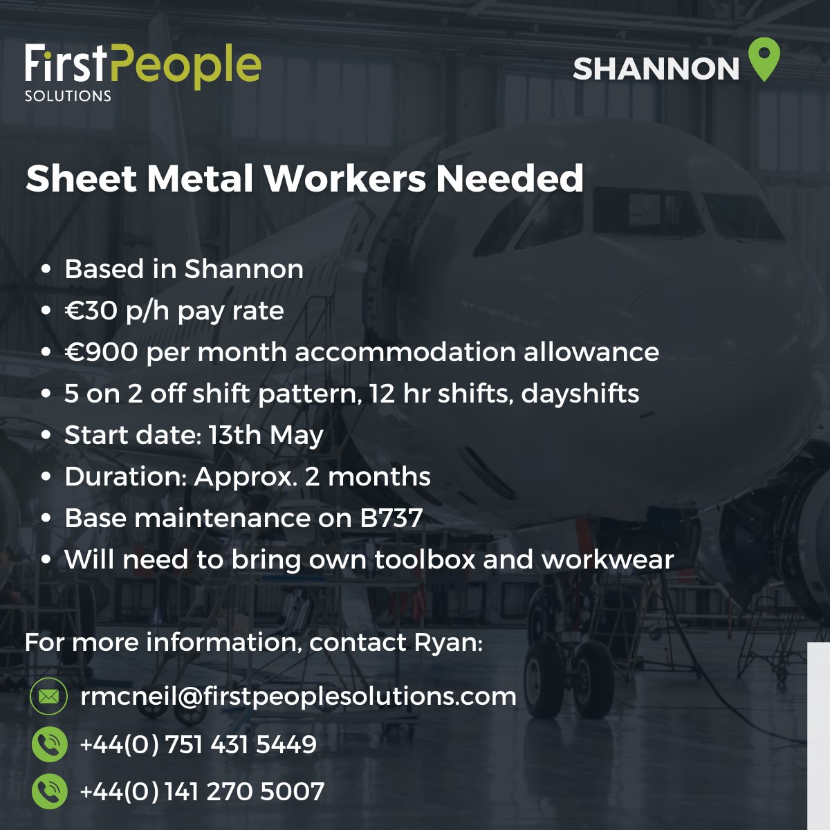 First People Solutions are in search of Sheet Metal Workers to join our team based in Shannon ✈ If you’re interested and to apply, please contact Ryan McNeil: 📧: rmcneil@firstpeoplesolutions.com 📞: +44(0) 751 431 5449 📞: +44(0) 141 270 5007 #firstpeoplesolutions #HiringNow