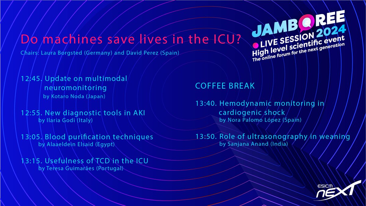 📣Time for the 2nd block of the #NEXTJamboree, entitled 'Do machines save lives in the ICU?'. Chairs: @DrLBorgstedt | @pereztorresICU 🔹Update on multimodal neuromonitoring 🔹New diagnostic tools in AKI - @GodiIlaria 🔹Blood purification techniques - @Alaaeldein789 👇Read more!