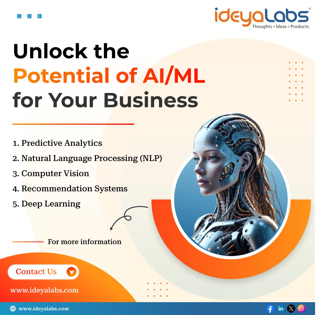 Unlock the potential of #AIML with @ideya_Labs ! Our services empower businesses to harness the power of advanced algorithms and #MachineLearning models for smarter decision-making, predictive #Analytics, and personalized experiences. Contact us today to learn more!