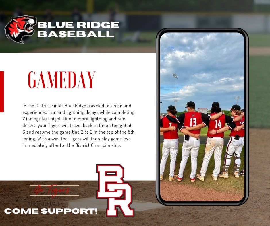 brhstigers's tweet photo. Your Tiger baseball team well return to Union today for a chance to win a District Championship. Help support and be there at 6! Go Tigers! @AshleyCWardlaw @BRTigerBaseball https://t.co/WFKRiPU8Oc