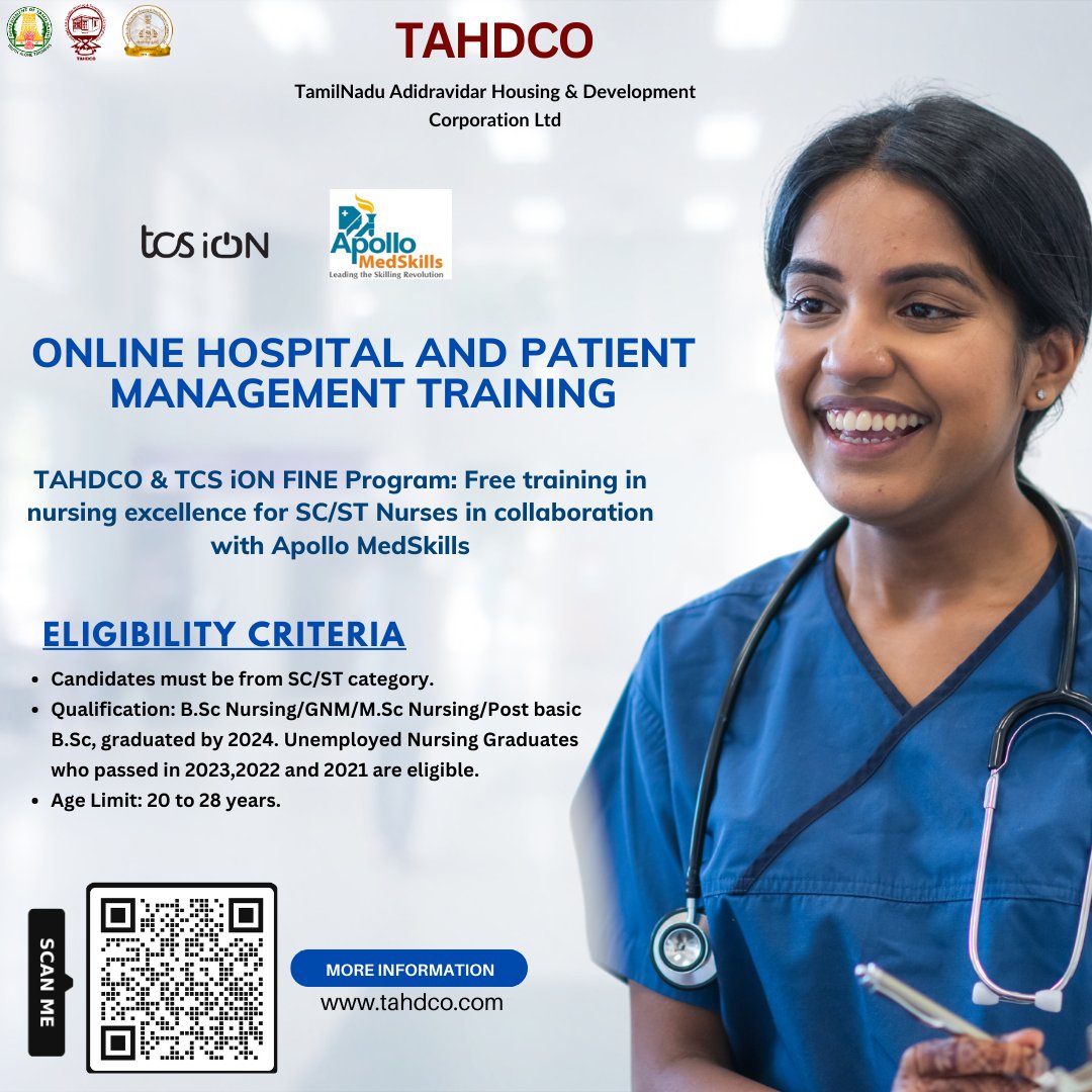Enroll in the FREE TAHDCO & @tcs_ion Online Hospital and Patient Management Training Program, specially crafted for SC/ST Nurses in partnership with @apollomedskills
Seize this opportunity to excel in nursing excellence.
Apply now: bit.ly/49z1poU
#tahdco #nursingfuture
