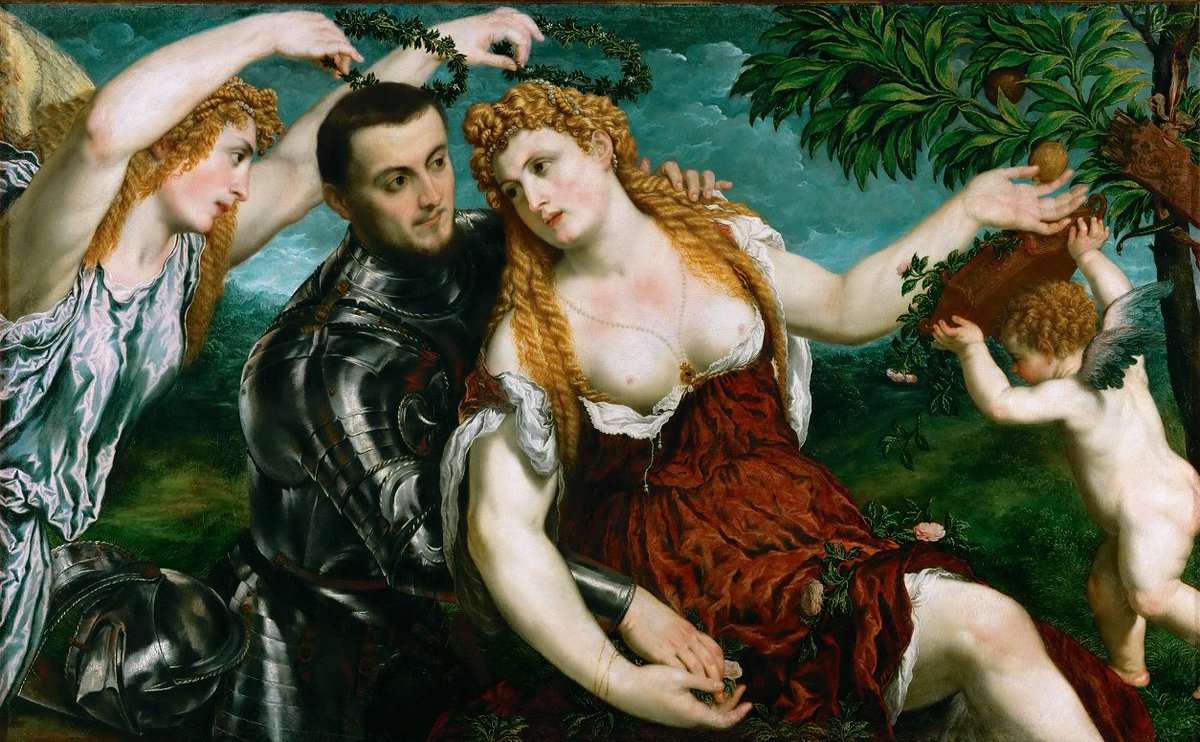 Born on this day in 1500, in Treviso, Paris Bordone. Painter of Venetian super-blondes & their heroic Others. Here, Victory crowns both Mars & Venus, while Cupid dumps some roses into her lap.