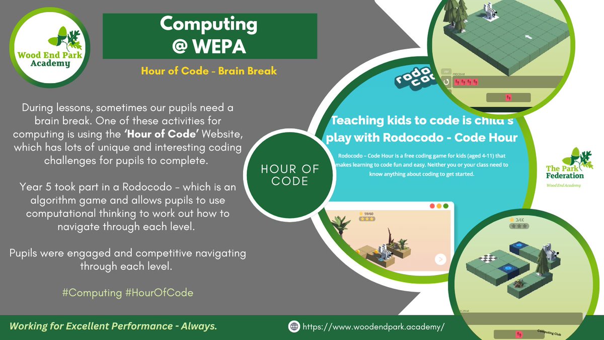 During brain breaks we engage our students with @hourofcode and have been focusing on @rodocodogame ! 👾. Read more below 👇 #HourOfCode #Computing