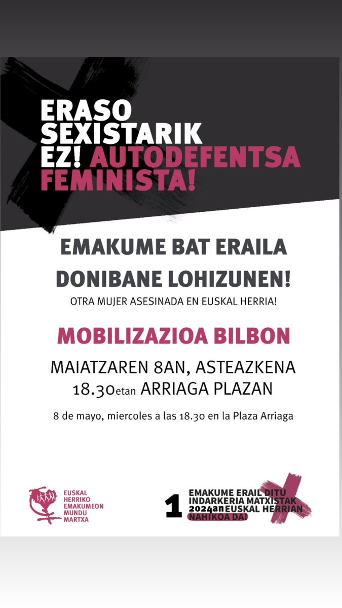 Emakume bat erail dute Donibane Lohizunen, 2024ko lehenengo erailketa matxista Euskal Herrian. <a href="/emakumemartxa/">EH Emakumeen Martxa</a> k mobilizazioa deitu du biharko Bilbon.
Asesinada una mujer en Donibane Lohizune, el primer asesinato machista de 2024 en Euskal Herria.
Mañana movilización en Bilbao👇
