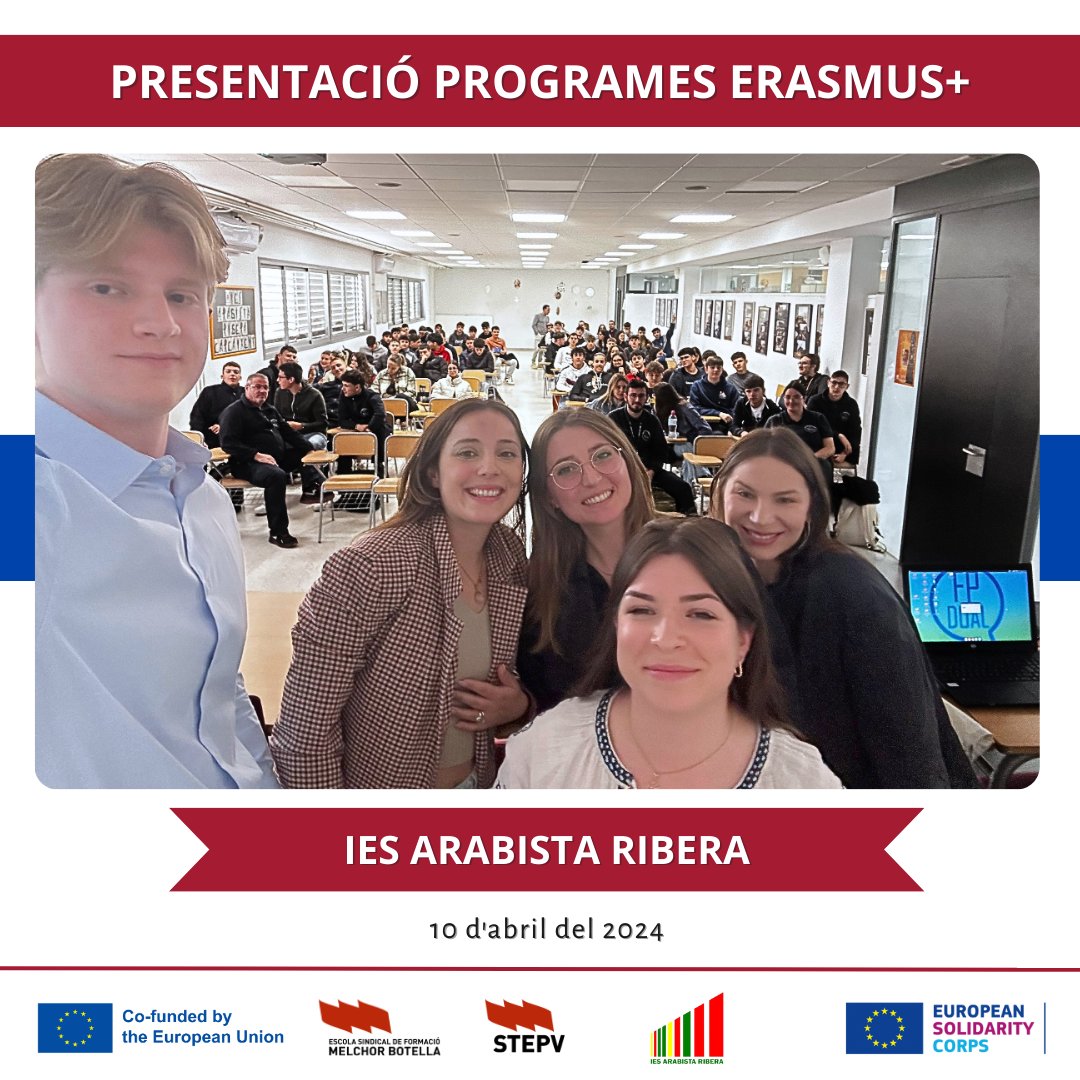 Presentació dels programes #ErasmusPlus a l'IES Arabista Ribera per part del nostre #voluntariat. 
Moltes gràcies a les persones responsables per la invitació i a tot l'alumnat que ha participat amb tant d'interés i entusiasme. 
#VET #ces @IntersindicalV @STEPV_Iv @sepiegob