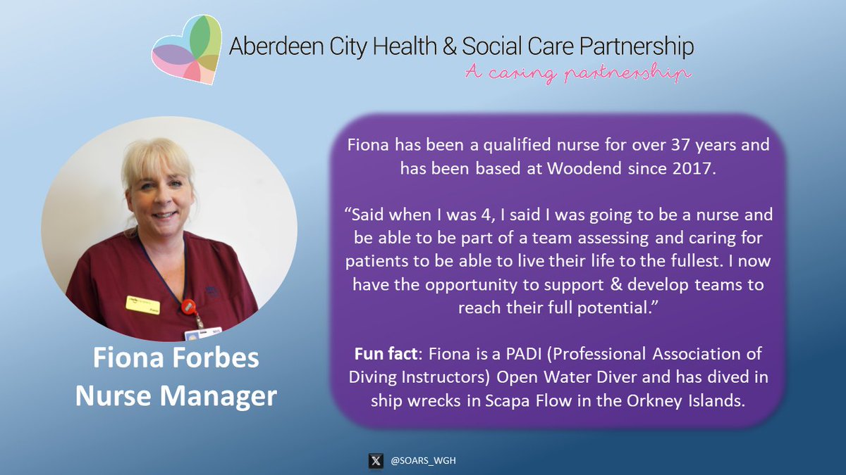 In the lead up to #InternationalNursesDay, lets take a moment to meet some of the team who dedicate themselves to delivering the best possible care for our loved ones at Woodend. Here we meet Fiona Forbes, Nurse Manager 🏥 #IND2024 #OurNursesOurFuture