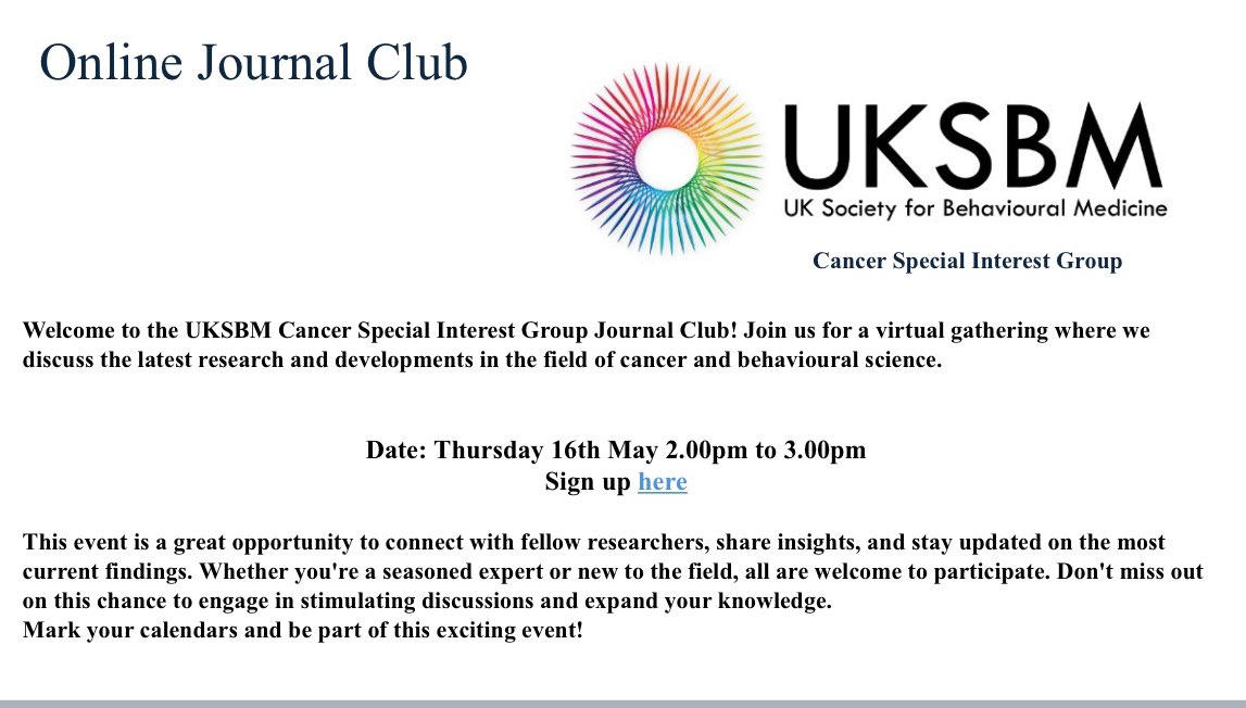 We’re very excited to invite you to the @UKSBM Cancer SIGs first journal club event, taking place online next week. Sign up following the link below. Members & non-members welcome 😃 Details of the journal can be found in the registration link!