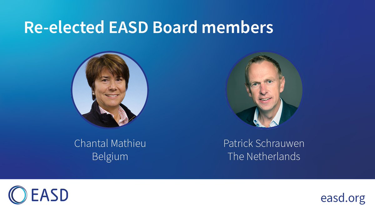 We are pleased to announce that Chantal Mathieu & Patrick Schrauwen have been re-elected as EASD Board members!👏 Many thanks to @professorcm & @SchrauwenP for their continued commitment and thanks to all EASD members for taking part in the election.