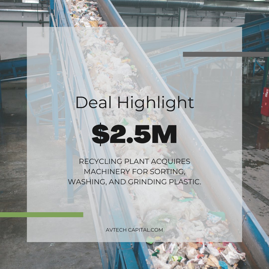 Avtech Capital is proud to partner with a recycling plant on a mission to revolutionize plastic recycling. Through our financing support, they're acquiring the equipment needed to carry out their patented process of transforming plastic waste into an ultra-pure recycled resin